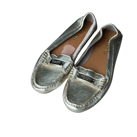Coach Fredrica Metallic Gold Pebbled Leather Womens Loafers Size 6.5 Flats - Picture 1 of 9